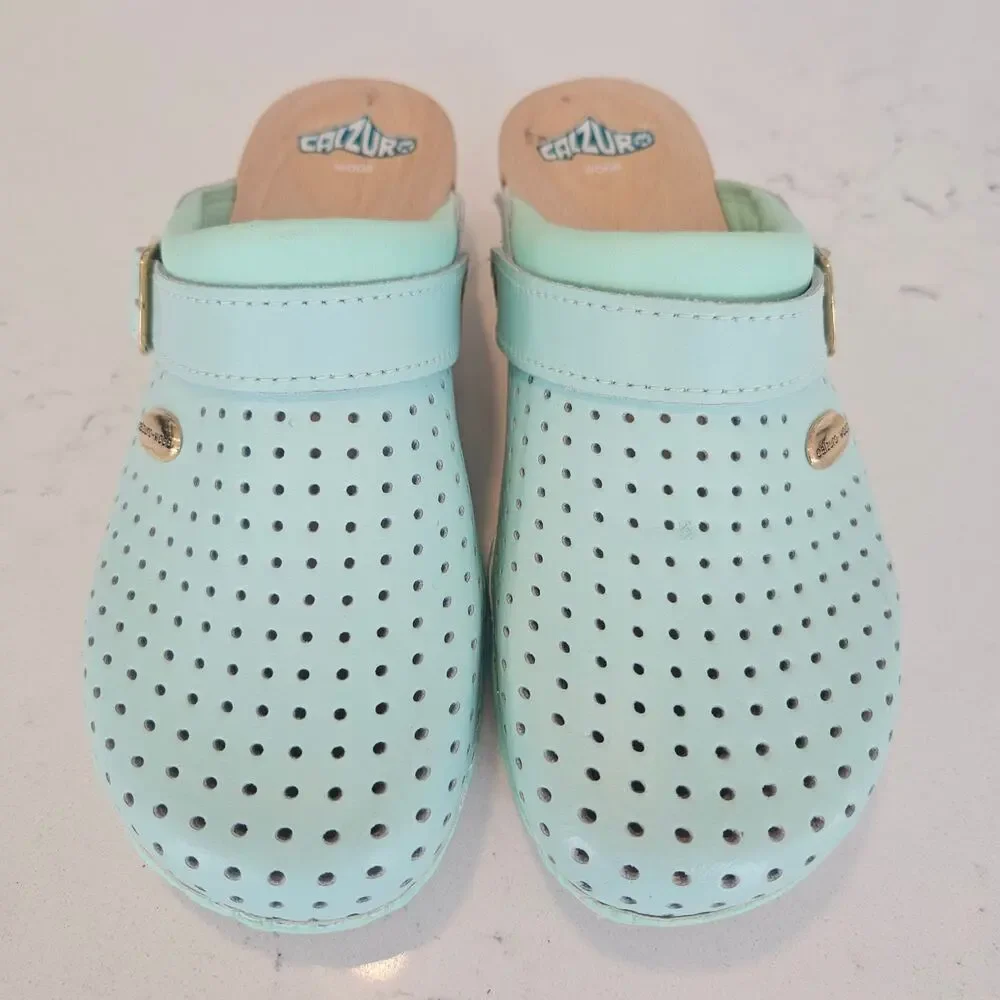 Calzuro Wood Clogs Light Aqua Green Perforated Leather Size 36 US 6.5-7